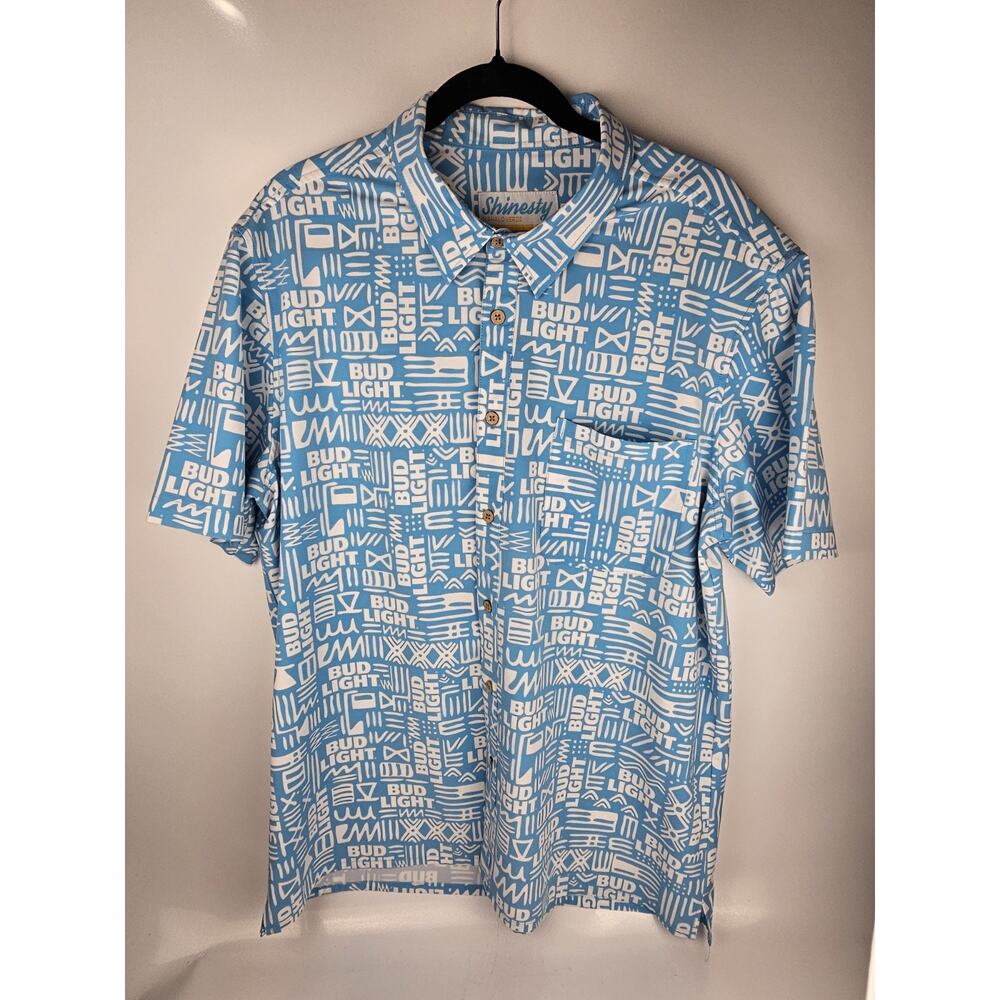 BUD LIGHT Shinesty XL Hawaiian Shirt Mahalo Nerds Blue & White‎ Short Sleeve